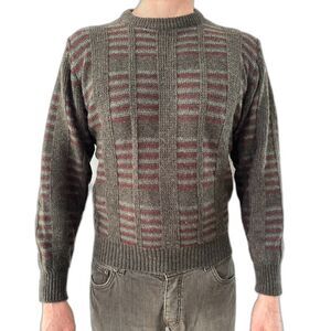 Vintage 80s Carmel Sportswear Wool Geometric Stripe Green Sweater Pullover Large